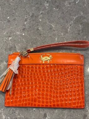 Orange Croc-Embossed  leather Wristlet Clutch with Tassel